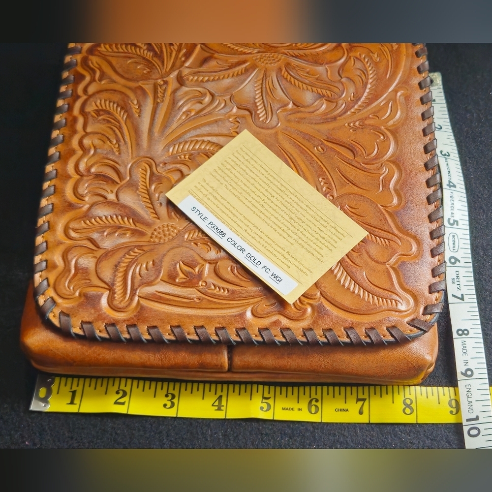 Patricia Nash Granada Warm Brown Tooled Leather Floral Embossed Crossbody Bag - Picture 7 of 11